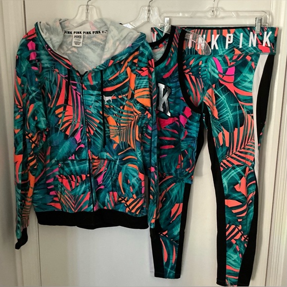 Pink Victoria Secret Vibrant Tropical Hoodie Leggings, and Top Set - Picture 1 of 8